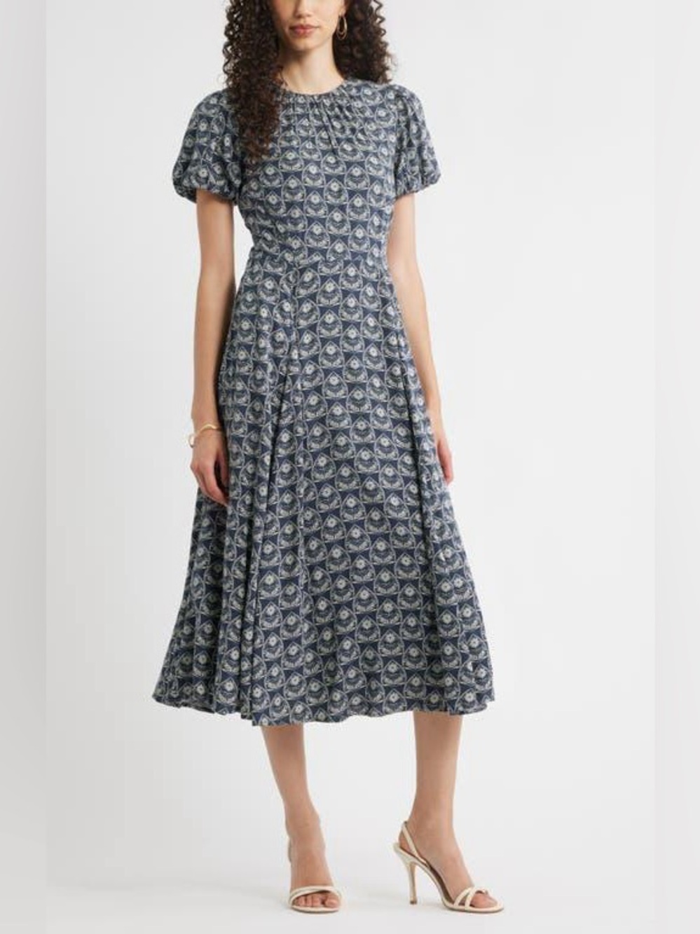Chelsea28 Puff Sleeve Midi Dress Blue White Floral Print Size M NWT